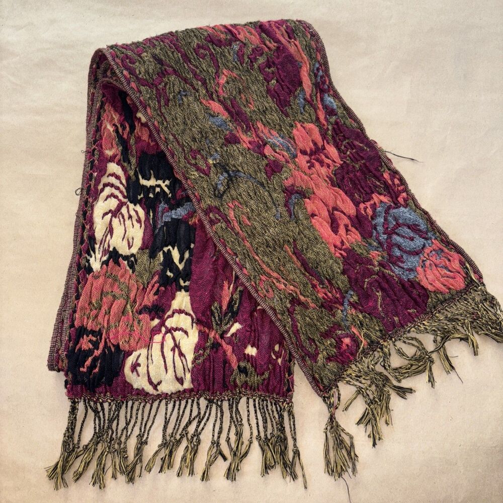 Women’s Woven Boho Hippie 90’s Y2K Multi Color Scarf maroon floral fringe